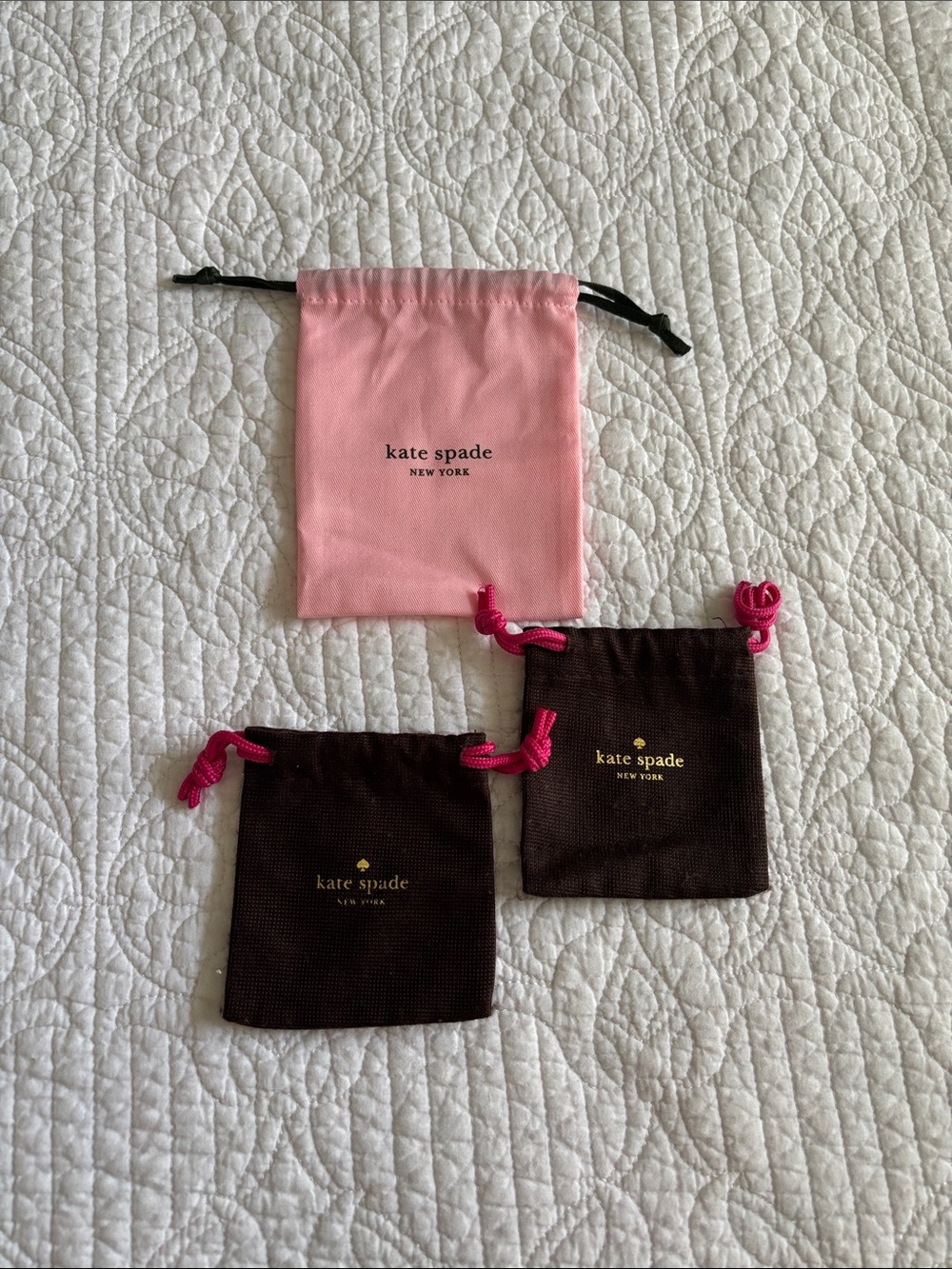 Kate Spade Pink and Brown Drawstring Jewelry Pouches Set of 3